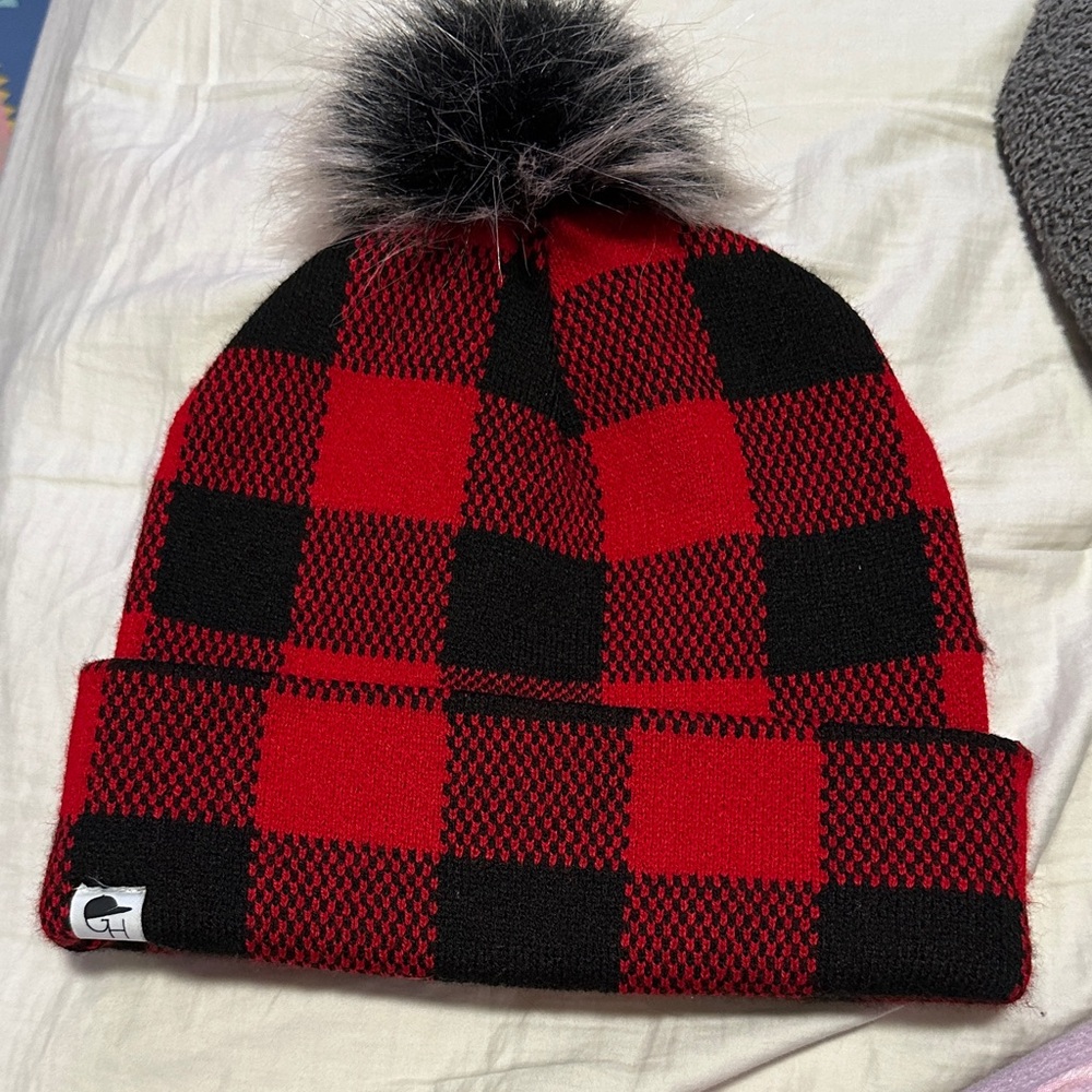 Cozy Red and Black Checkered women  Pom-Pom Beanie